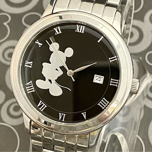 Disney Time Works All Stainless Steel Mickey Mouse Silhouette Dial Unisex Watch - Picture 2 of 14